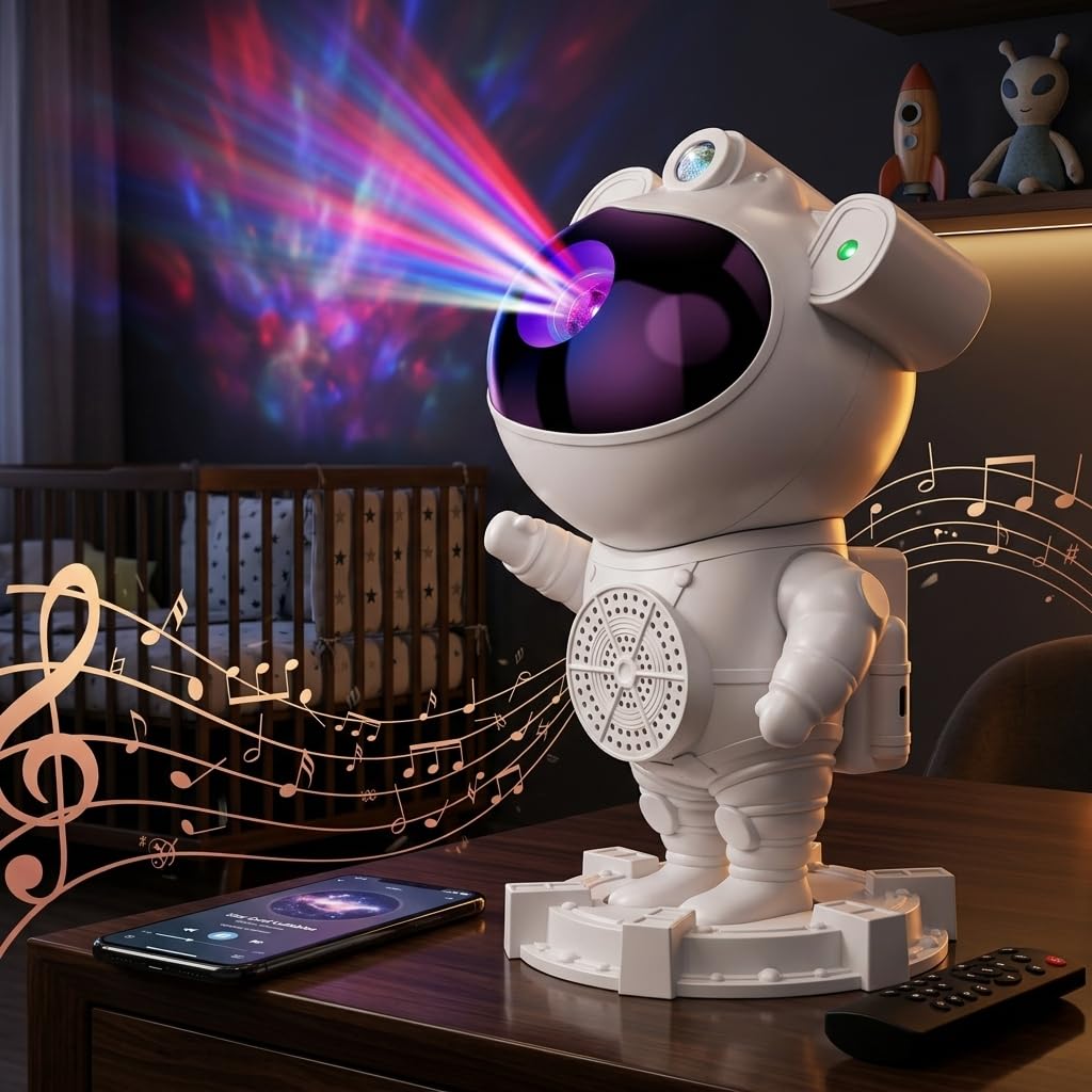 Projetor Astronauta Galáxia com Bluetooth, Luz Noturna LED, Estrelas e Nebulosas, Conexão Direta Música, Controle Remoto
