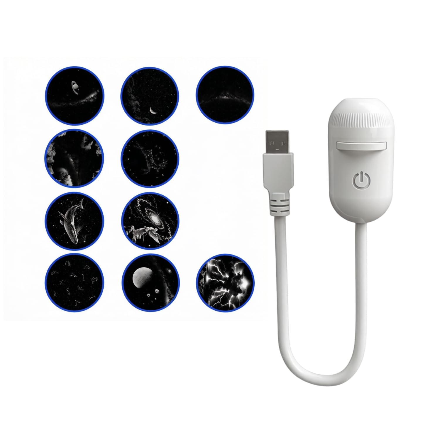 Projetor Estrelas 2 Em 1 10 Slides Galaxia USB Ajustavel Portatil para | Toque, Metal, Recarregável, Silicone, Sono, , 3W, 50 Mil Horas, Ambiente Lateral, Cúpula Estrelada