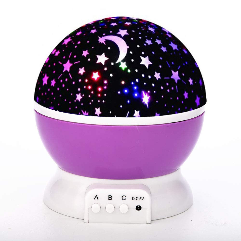 Projetor Estrela Giratório 360 Graus 4 LEDs Infantil para Quarto de Bebê | Rotação Suave, Seguro USB, Plástico Durável, Cores Mutáveis, Noturnas, Rosa Roxo
