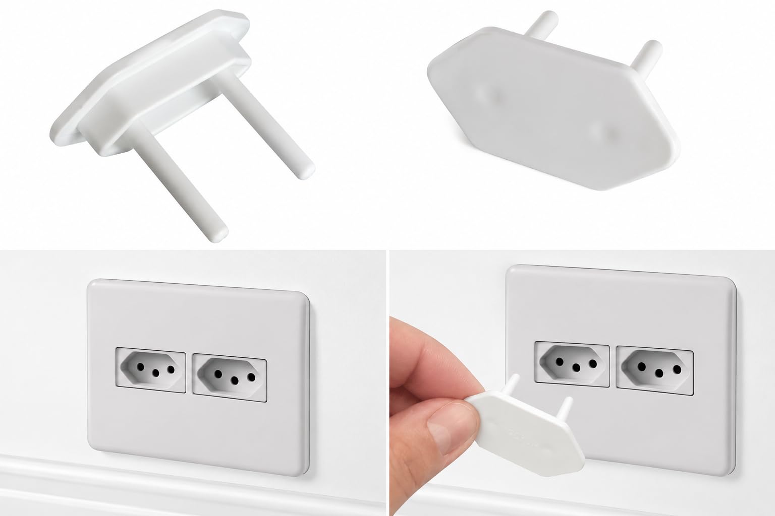 Protetor de Tomada Bebê, Kit com 24 Unidades, Branco, Polímeros Atóxicos, Segurança Contra Choque Elétrico, 42x23mm, 2 ou 3 Pinos