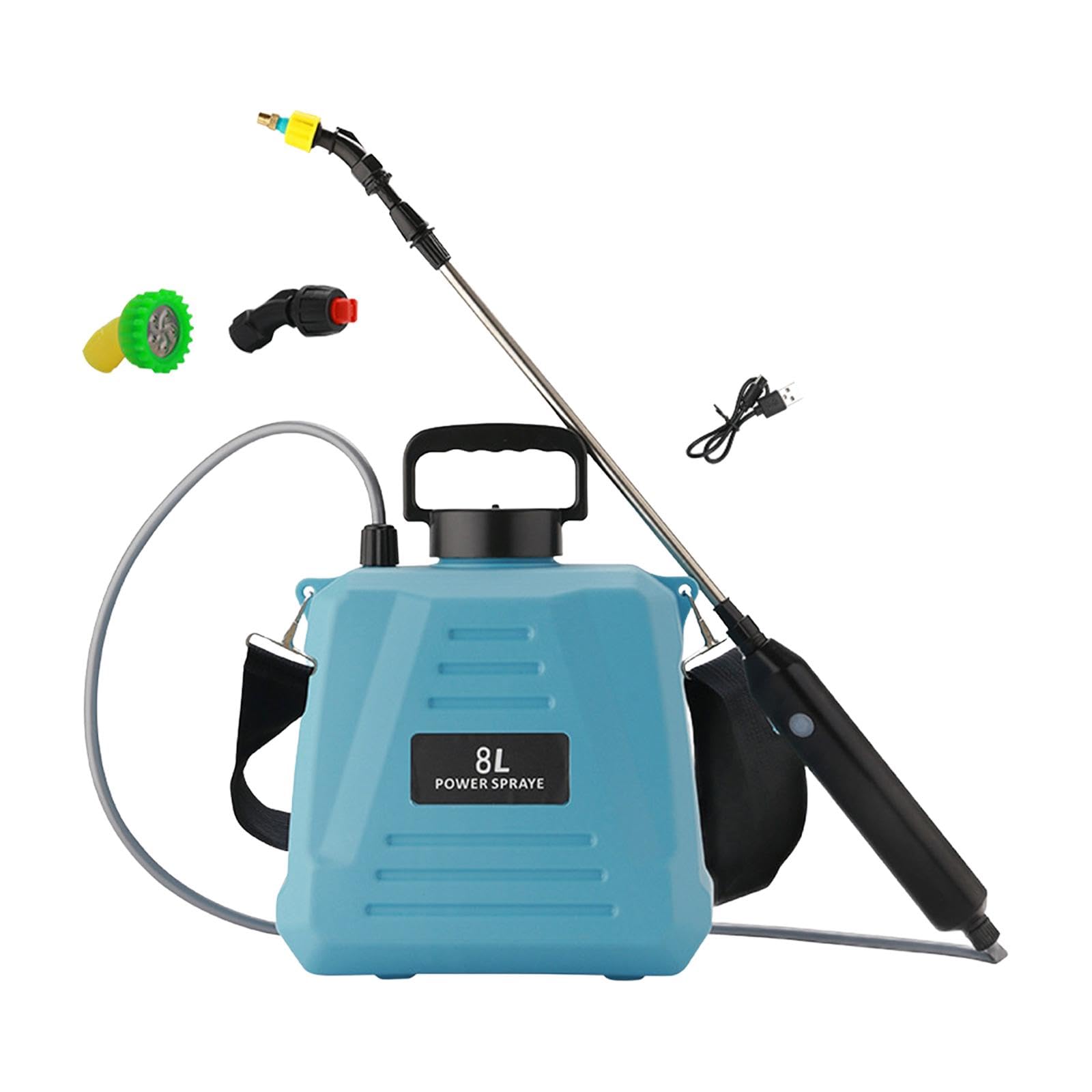 Bomba elétrica pulverizadores jardim pulverizador multiuso recarregável portátil pulverizador de água varinhas telescópicas para rega do jardim, 8L Azul