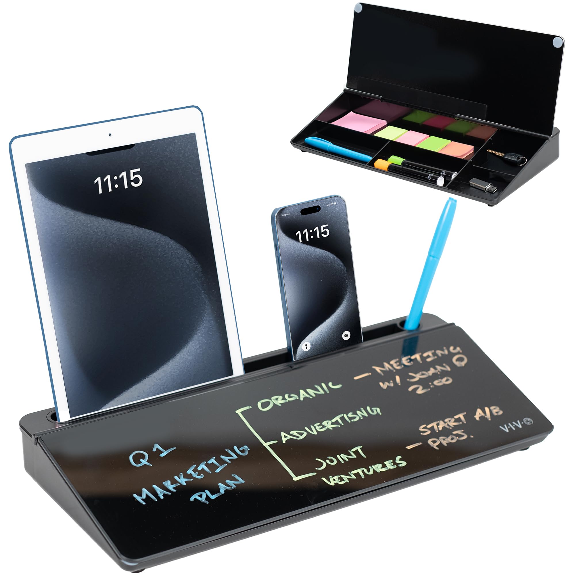 Vivo Quadro apagável a seco de vidro 41 x 18 cm com armazenamento, organizador de quadro branco de mesa com compartimentos ocultos e compartimento para dispositivo, preto, DESK-WB16B