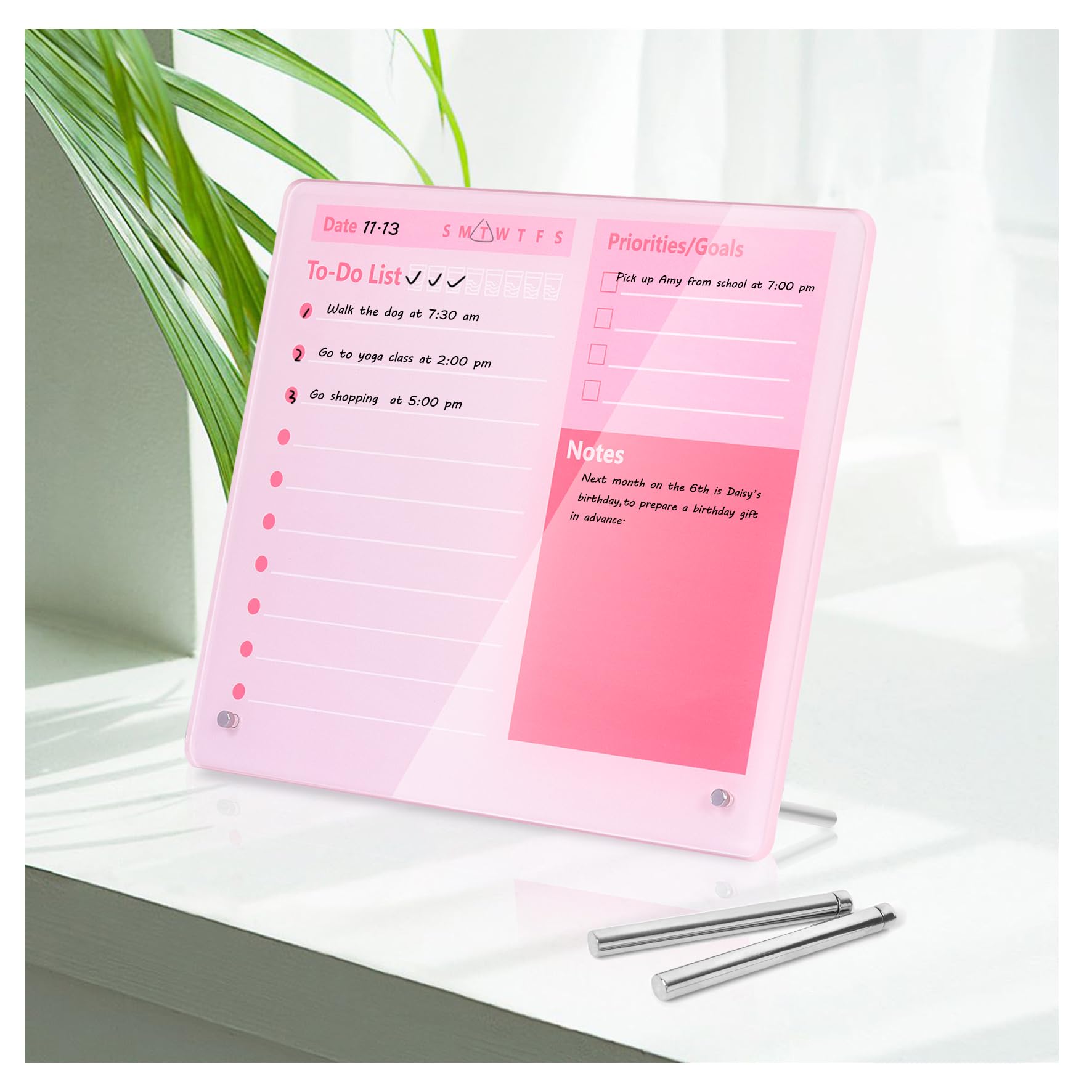 Quadro planejador de mesa de acrílico espesso apagável a seco, 30,5 x 25,4 cm, quadro branco de mesa com suporte, quadro branco apagável a seco rosa sem moldura, para escritório/casa/escola