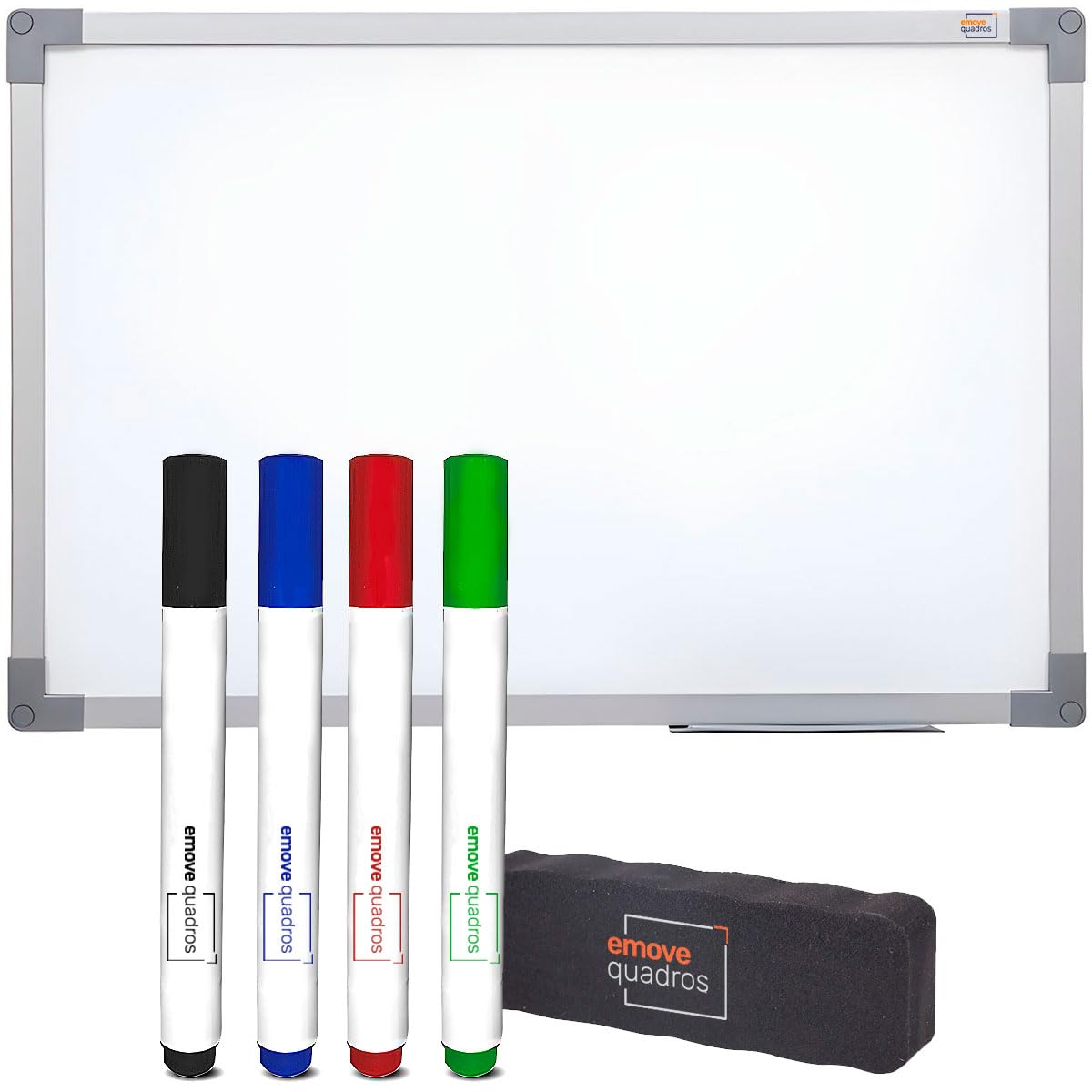 Lousa Quadro Branco 90x60cm Moldura Alumínio Soft com Kit Completo 4 Canetas e Apagador