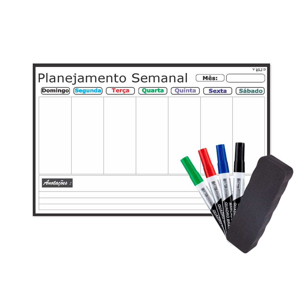 Kit Completo Planner Semanal Lousa Branca 60x40cm MDF 3mm com 4 Canetas Coloridas e Apagador Quadro de Planejamento Sem Furar Parede para Casa Escritorio e Equipes