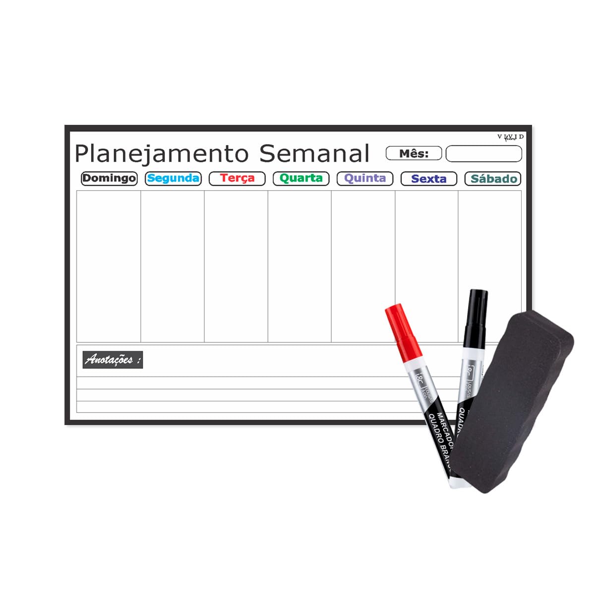 Kit Planner Semanal Lousa Branca 60x40cm MDF 3mm com 2 Canetas Coloridas e Apagador Quadro de Planejamento Sem Furar Parede Acompanha Fita 3M Completo para Organizacao