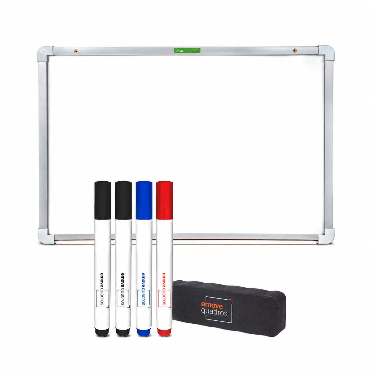 Kit Quadro Branco 70x50 cm Moldura Aluminizada MDF com 4 Canetas Marcadoras e Apagador Lousa Souza para Escritorio e Sala de Aula