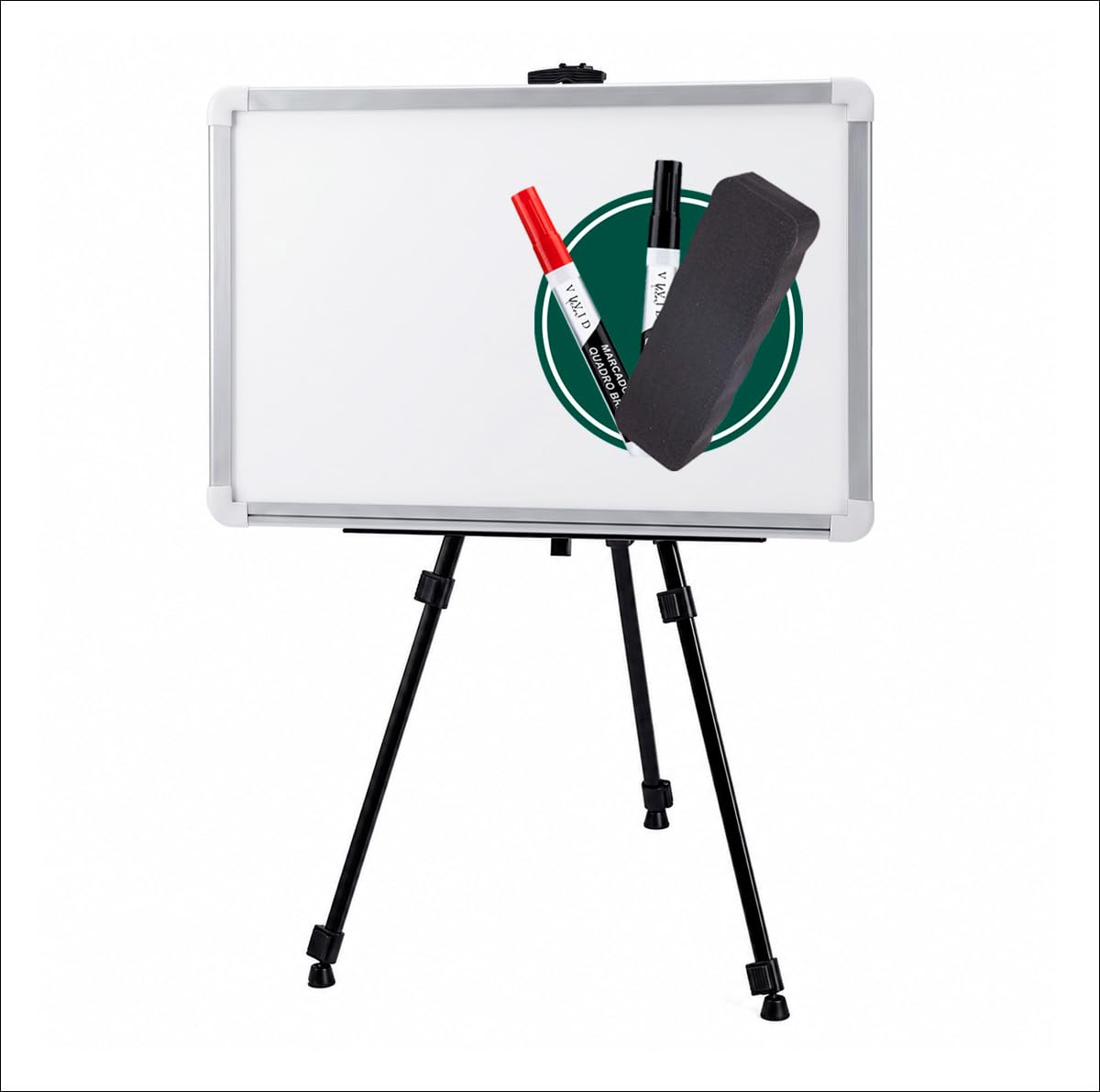 Kit Quadro Branco Lousa Branca 100x70cm com Tripé Portátil 2 Canetas Coloridas e Apagador em EVA Superfície UV para Escritório Estudo e Apresentações