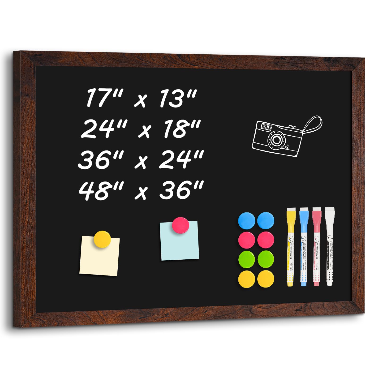 4 THOUGHT Quadro-negro 61 cm x 91 cm, quadro de giz emoldurado para parede, madeira rústica, quadro negro magnético, quadro de menu, com 2 marcadores líquidos, decoração para escritório, casa, escola, cozinha, café, casamento, marrom