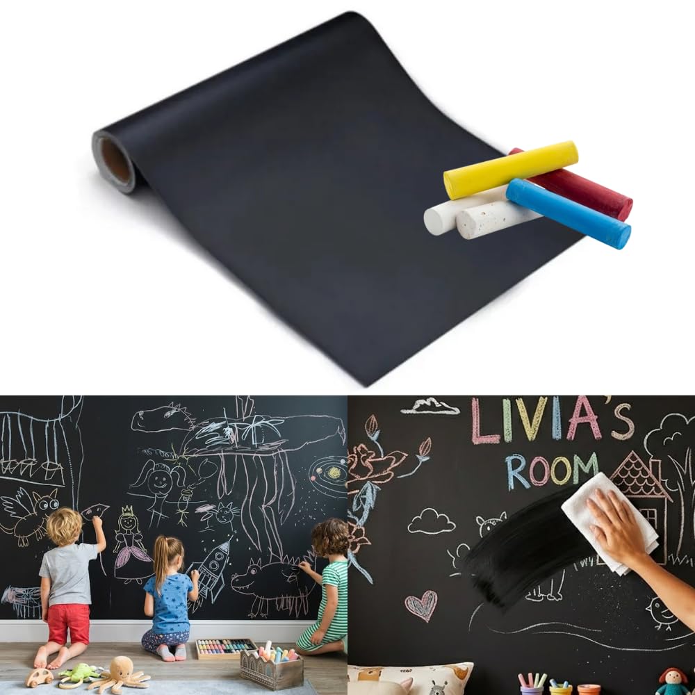 Papel de Parede Adesivo Lousa Quadro Negro com 5 Giz Coloridos - Qudro Negro Autcolocante 2m, Papel de Parede de Escrever Infantil Cozinha Escritório - LealShop
