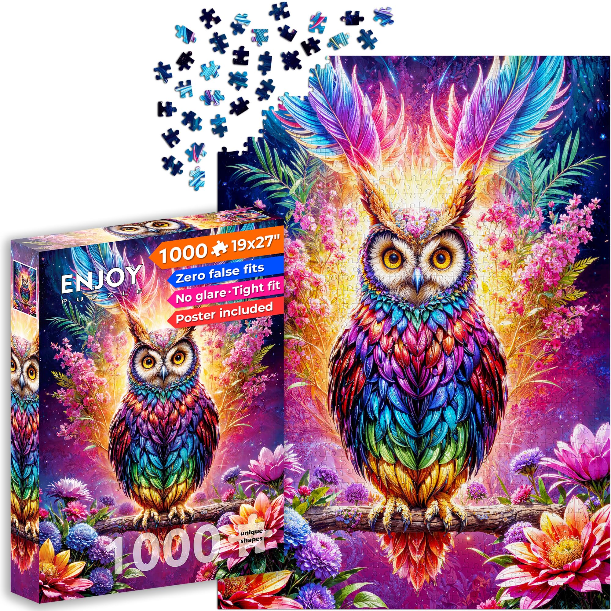 ENJOY Puzzle Quebra-cabeça de plástico com 1000 peças – Coruja mágica em estilo de fantasia floral – Nível de habilidade intermediário, a partir de 12 anos