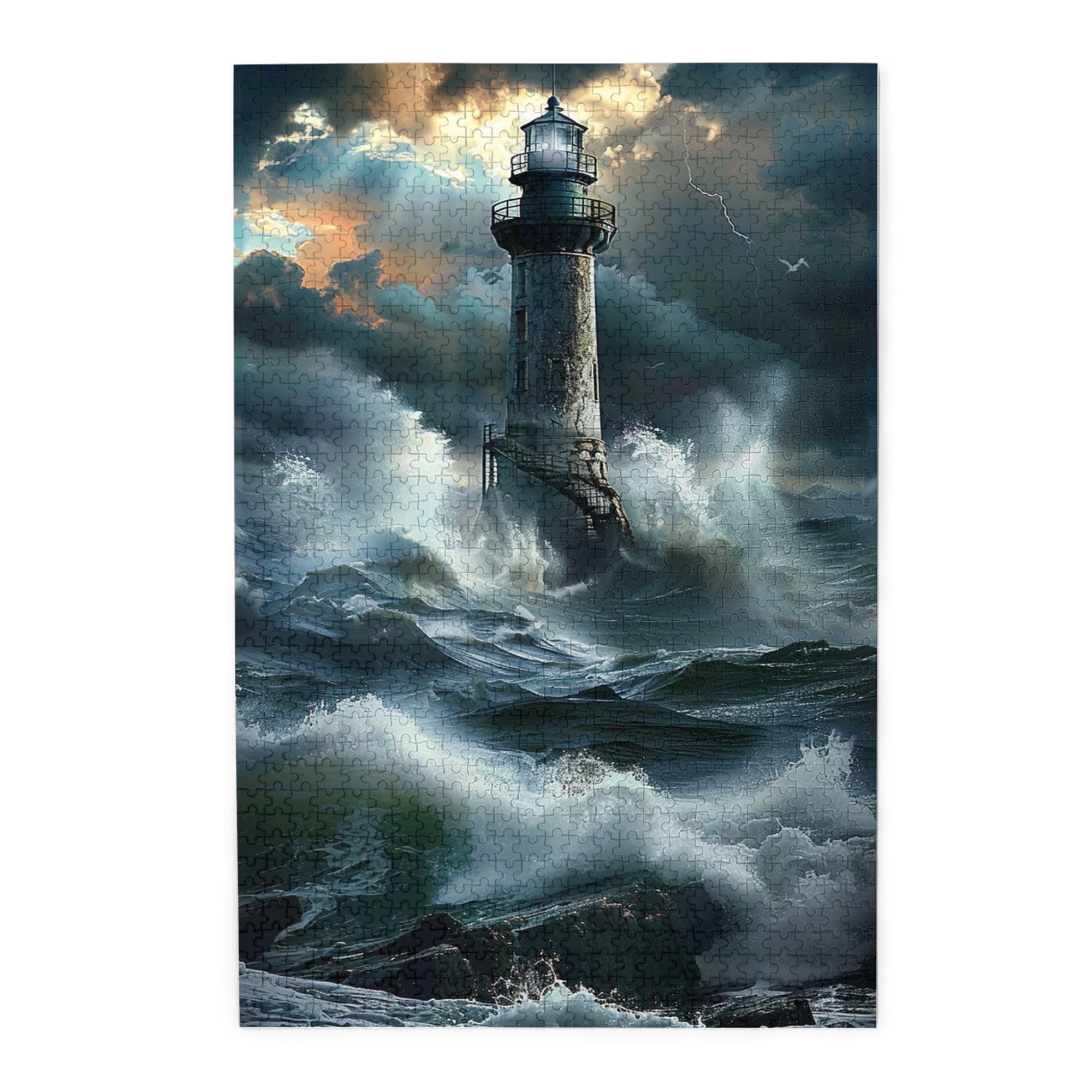Quebra-cabeças de madeira Lighthouse in The Storm para adultos, 1000 peças, arte exclusiva para adultos, alívio do estresse, quebra-cabeça clássico farol na tempestade, 1000 peças, exercício