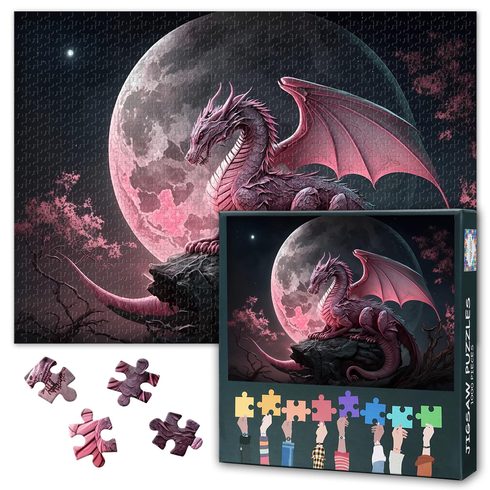 Quebra-cabeça Dragon Premium de 1000 peças para adultos - Dragão rosa ao luar - Quebra-cabeça único, brinquedo de jogo de quebra-cabeça grande difícil e desafiador, presente 27,5" x 19,6"/70 * 50 cm