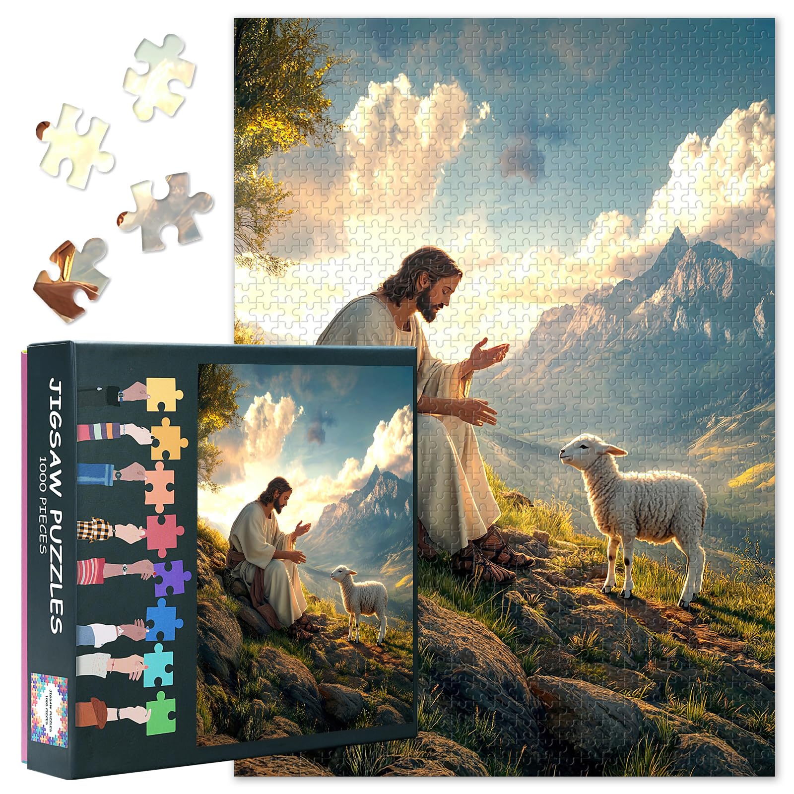 Quebra-cabeça e quebra-cabeças de 1000 peças para adultos - Jesus na montanha oferecendo conforto para cordeiro perdido - 69,8 x 50 cm