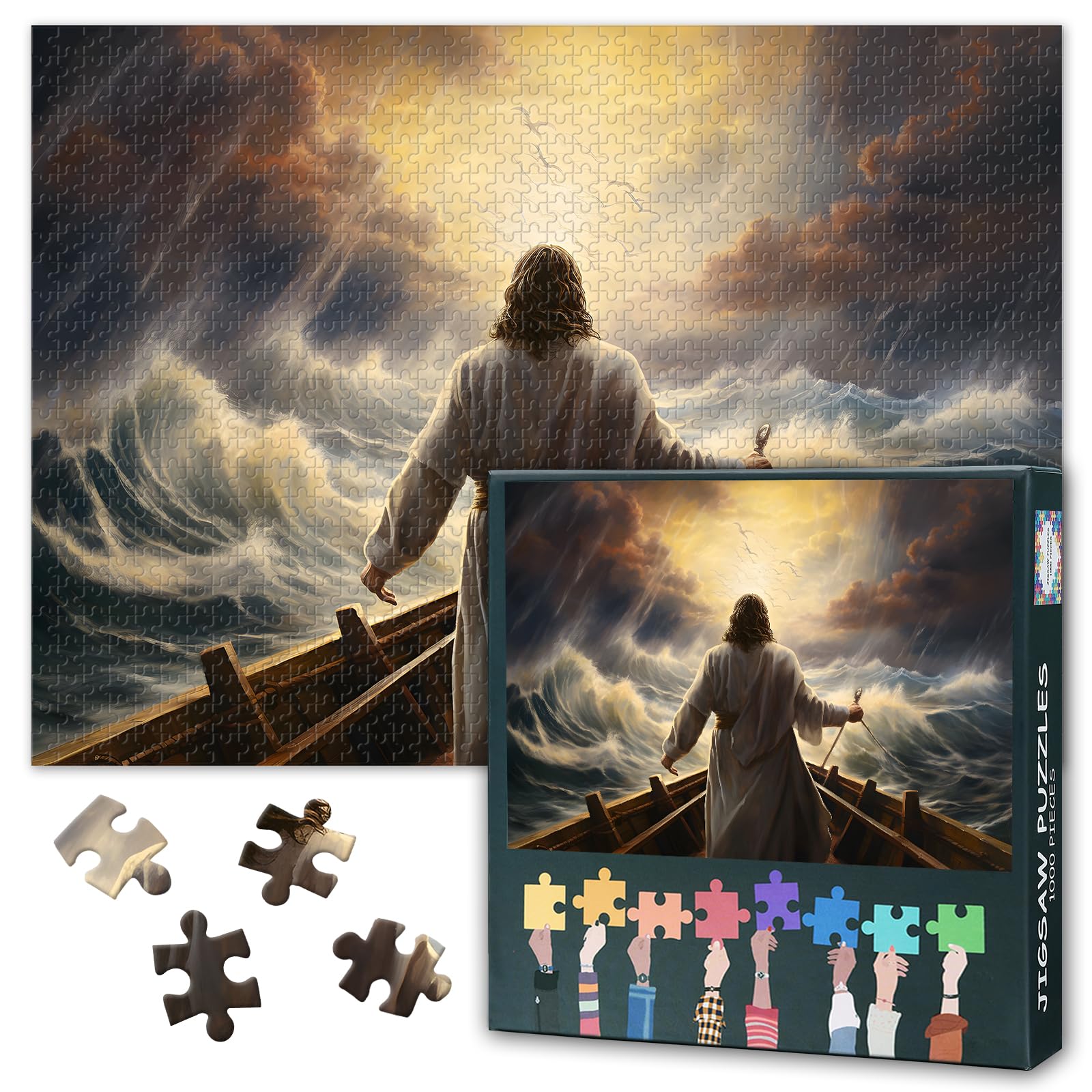 Quebra-cabeça de 1.000 peças para adultos - Jesus Cristo acalmando o mar tempestuoso em um barco, pintura a óleo bíblica estilo Renascença, quebra-cabeças religiosos premium - 69,85x50,04 cm