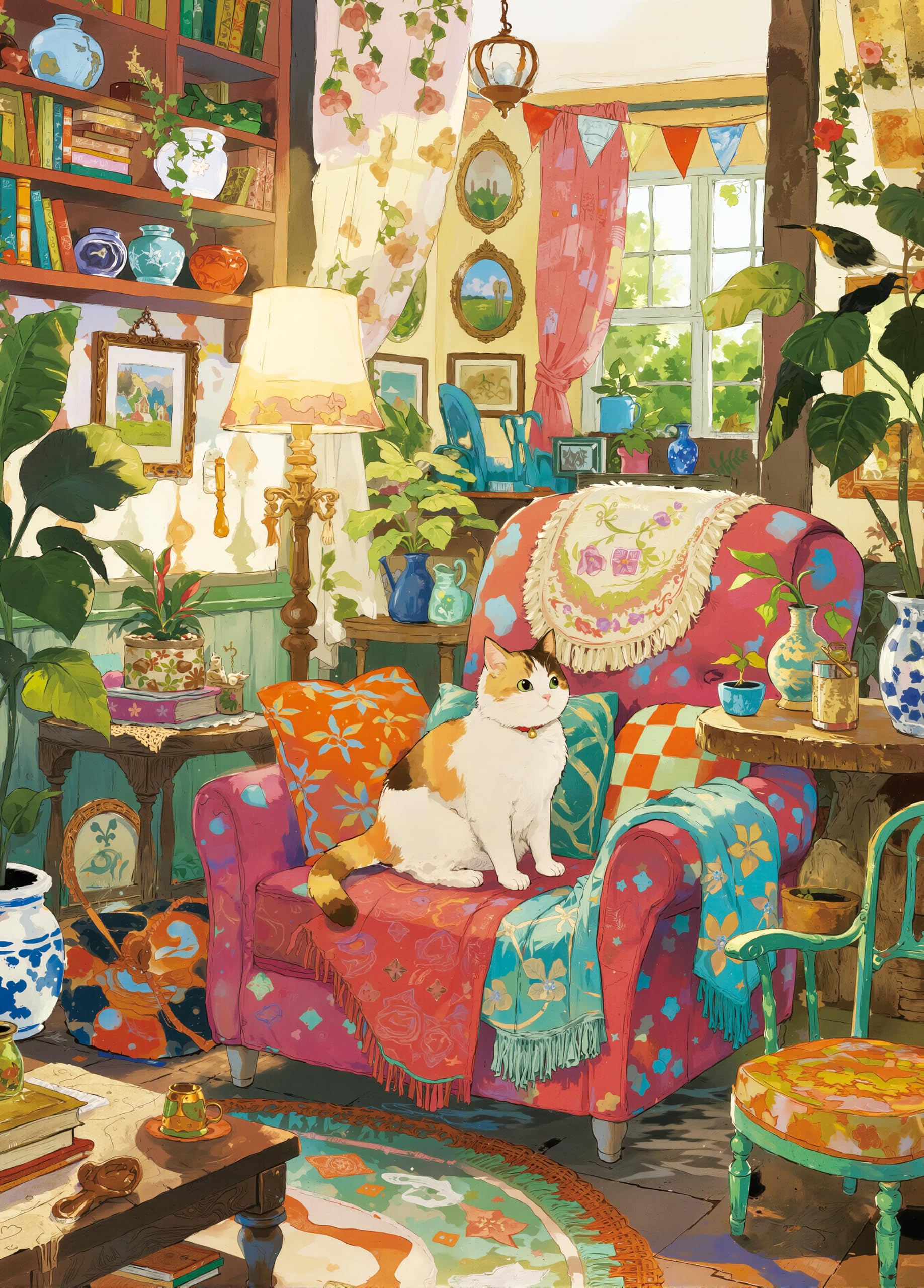 Quebra-cabeças de quarto aconchegante 1000 peças para adultos - Cena desafiadora de gato em estante de livros na sala de estar, acabamento fosco premium, 70 x 50 cm, perfeito para noites de jogos