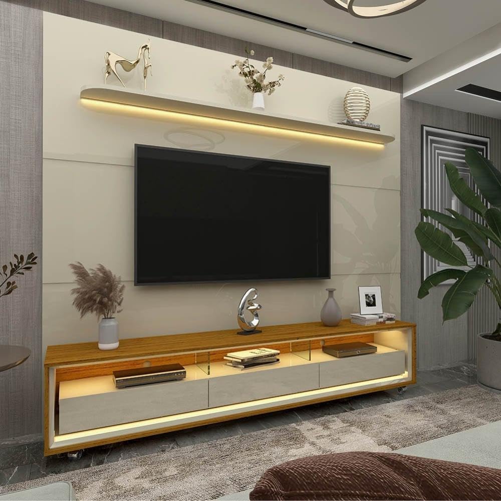 Gelius Rack com Painel para Tv até 85 Polegadas Led 3 Gavetas com Rodízios 220cm Royal/requinte Off White/naturale-off White