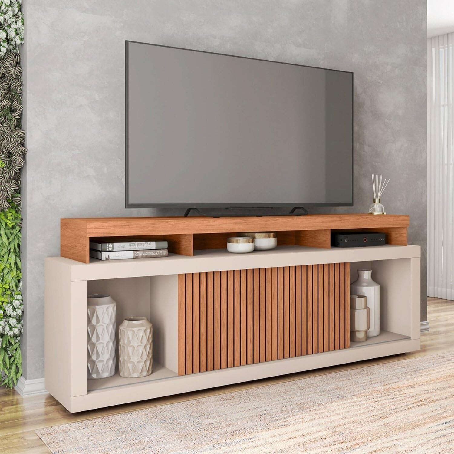 Caemmun Rack para Tv até 75 Polegadas Frisos Decorativos Valença Freijó/Off White