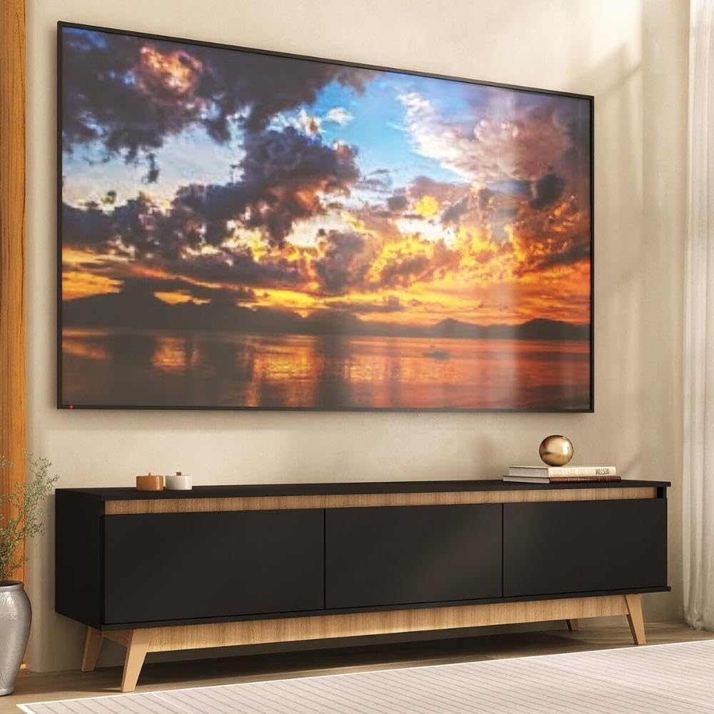 Multimóveis Rack para TV até 80 Polegadas 180cm 3 Portas Retrô MP1103 Preto/Madeirado