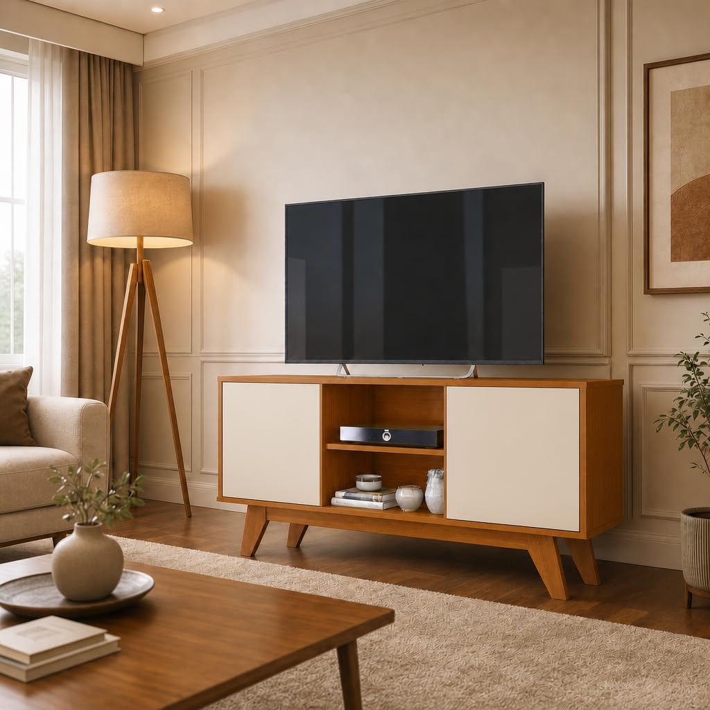 Rack Turim Para TV de até 50 Polegadas Com 2 Portas Pés Madeira Sala Nicho Divisórias (Cedro/OFF)