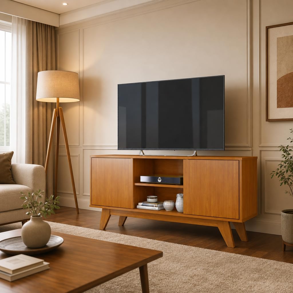 Rack Turim Para TV de até 50 Polegadas Com 2 Portas Pés Madeira Sala Nicho Divisórias (Cedro)