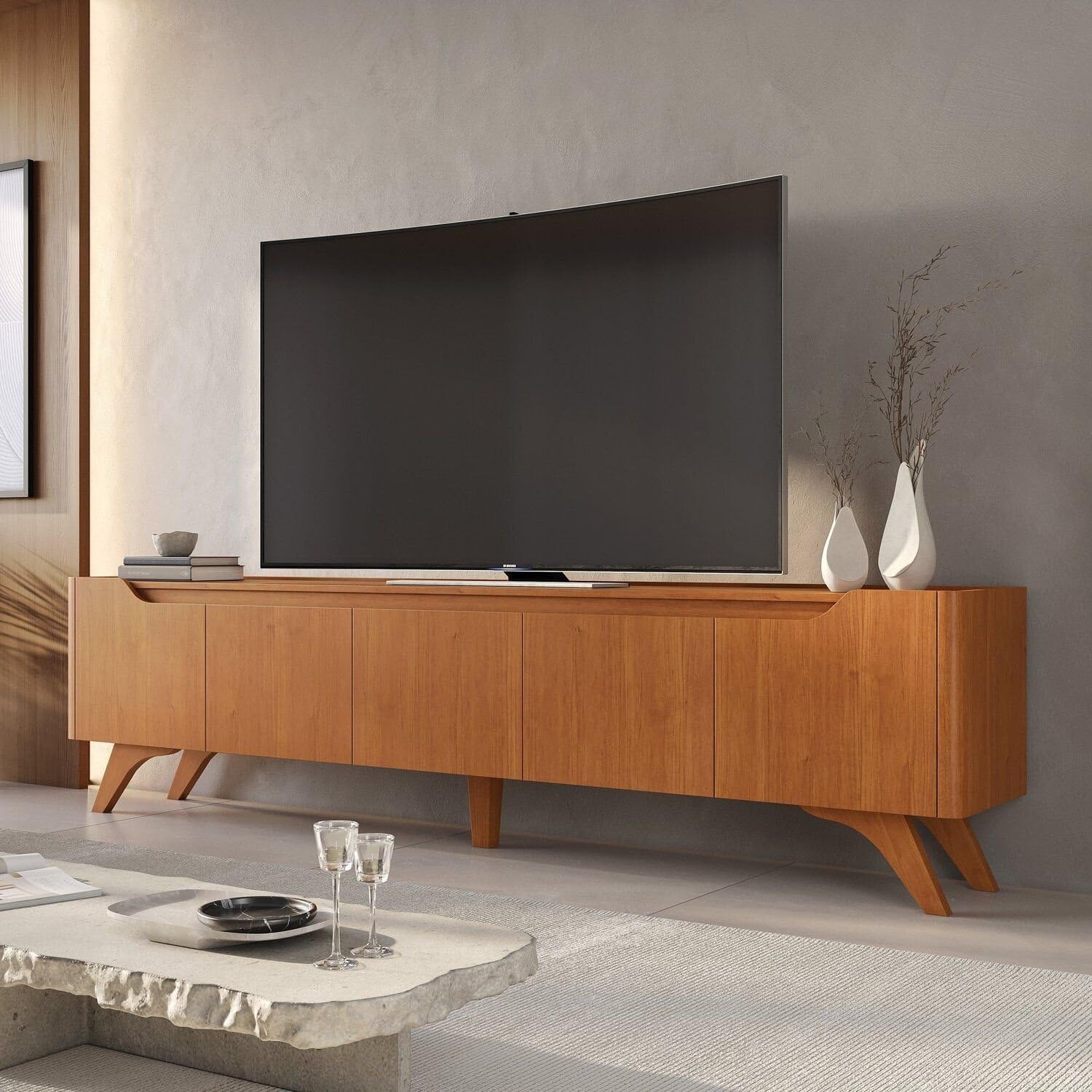 Mavaular Rack para TV até 75 Polegadas 100% MDF 220cm Pés em Madeira Maciça 4 Portas Grécia Naturalle