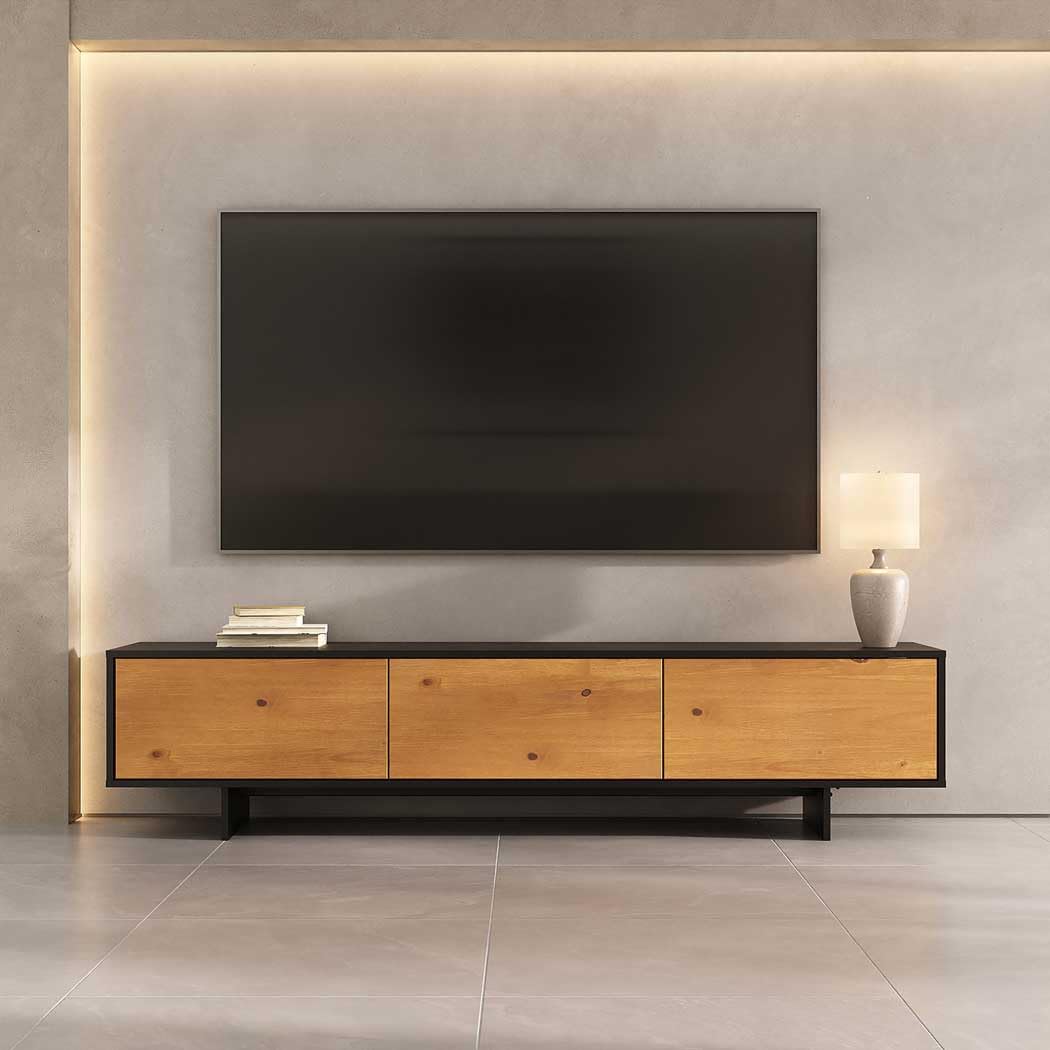 IDIMEX Rack TV até 75'' Madeira cor Freijó e Preto 184 cm Rack Sala Design Minimalista sem Puxadores Moderno Arto