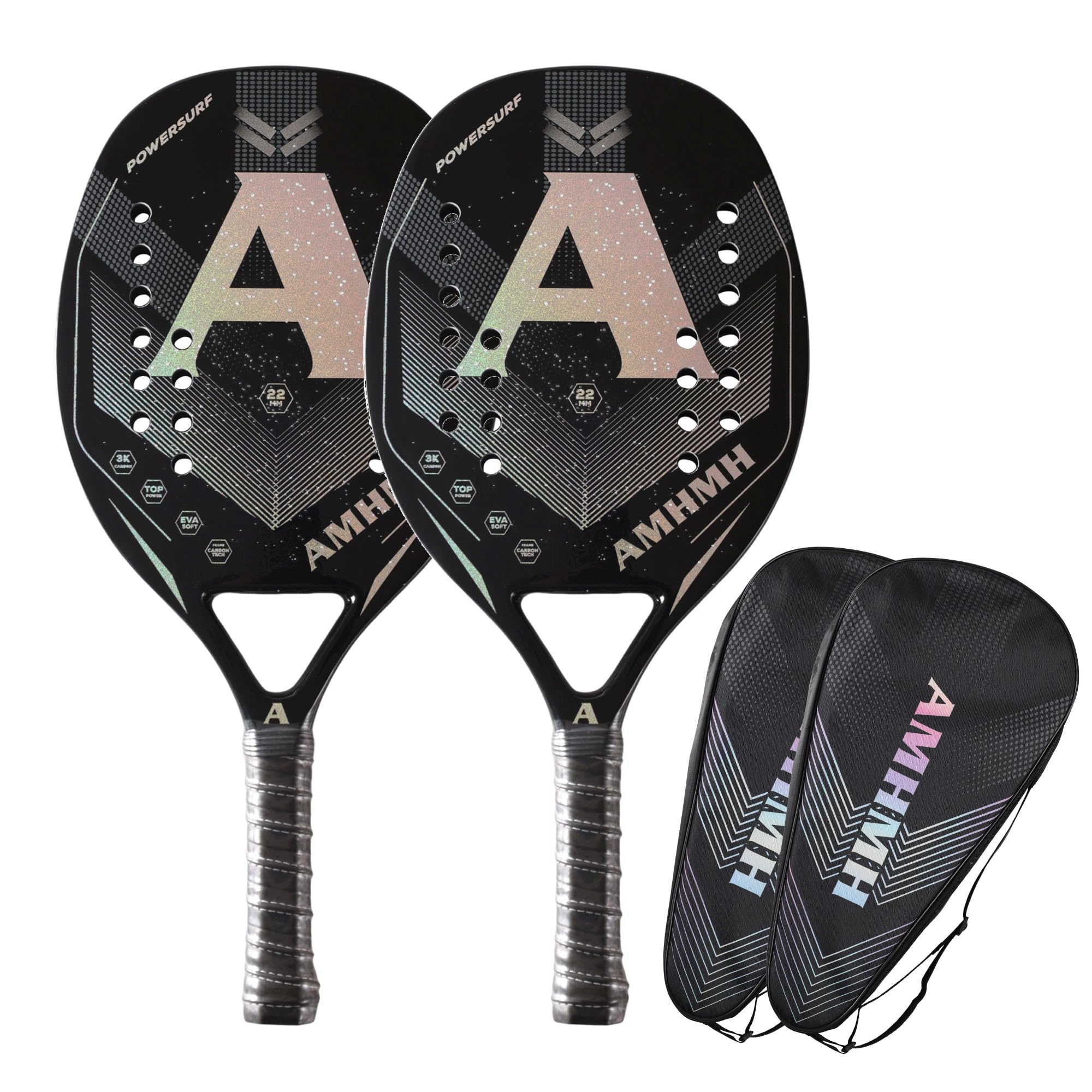 Kit 2 Raquetes de Beach Tennis Profissionais de Fibra de Carbono 3K e 2 Bolsas porta-raquete