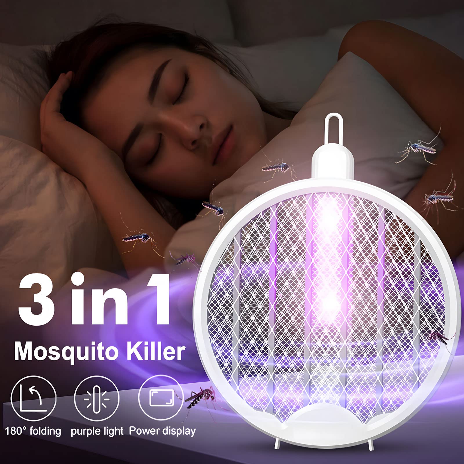 Bug zapper raquete mata-moscas elétrico 2 em 1 mosquito zapper com modo automático uv usb com 4000 v grade poderosa malha de segurança de 3 camadas para interior ao ar livre, branco