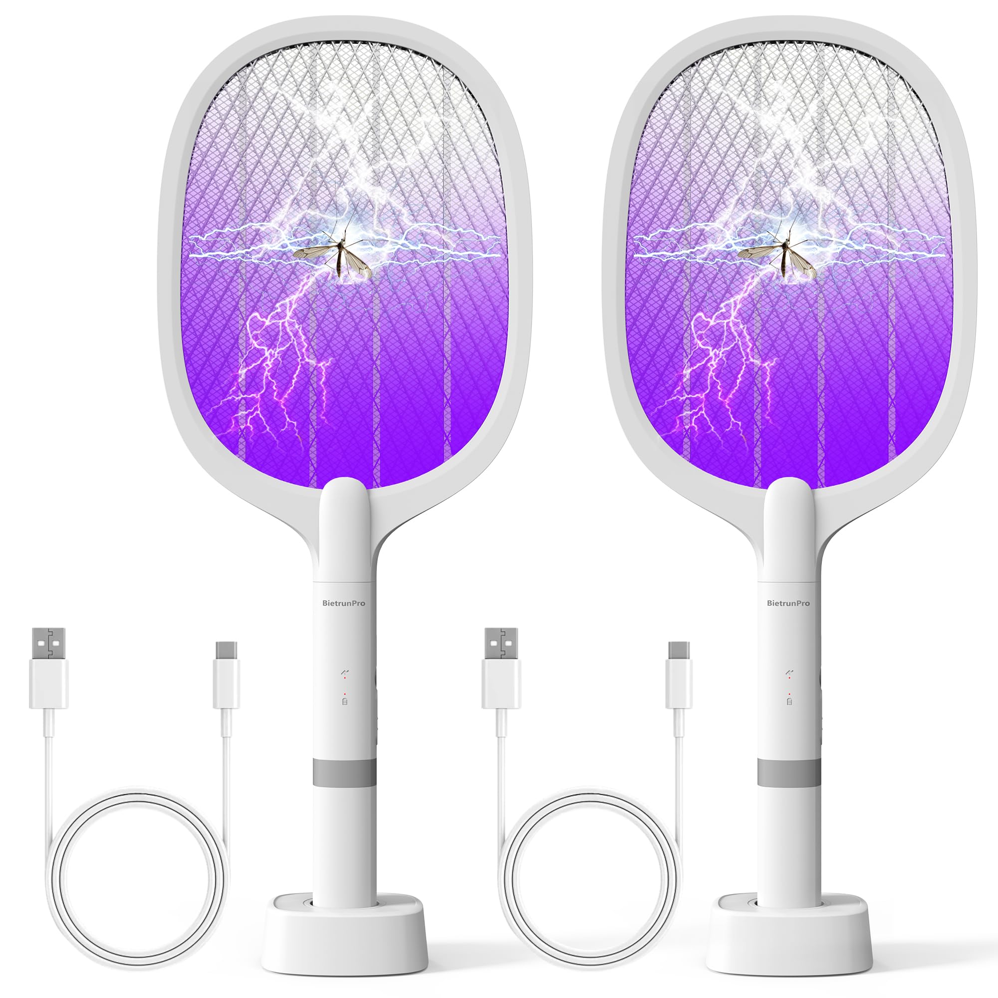 Raquete de mata-insetos elétrica Fly Swatter - pacote com 2, máx. 4500 V, 2 em 1, raquete elétrica recarregável para mosquitos, mata-moscas elétrica portátil sem fio, suporte de carregamento USB-C