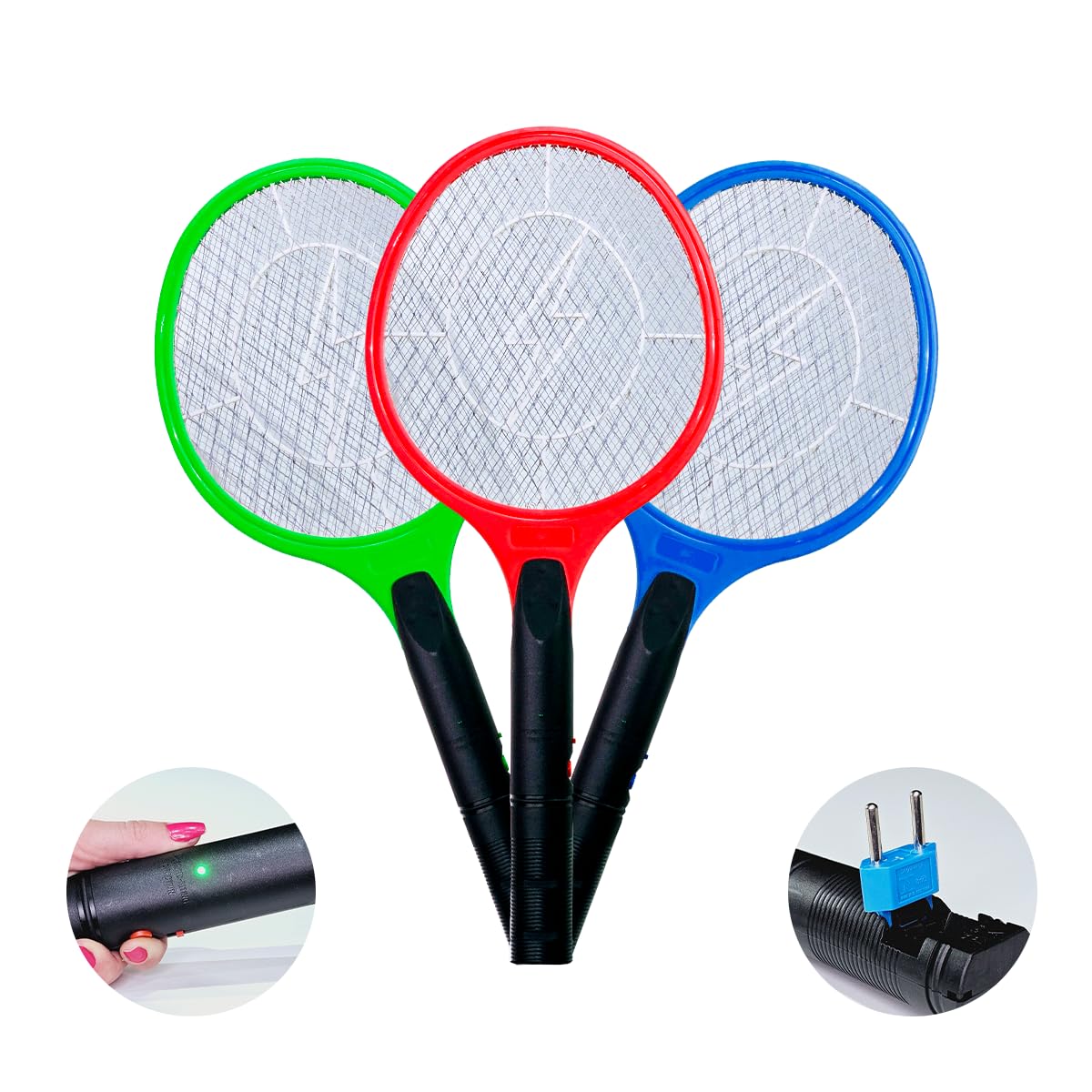 Kit 3 Raquete Elétrica Mata Mosquito, Recarregável, Bivolt 110v/220v