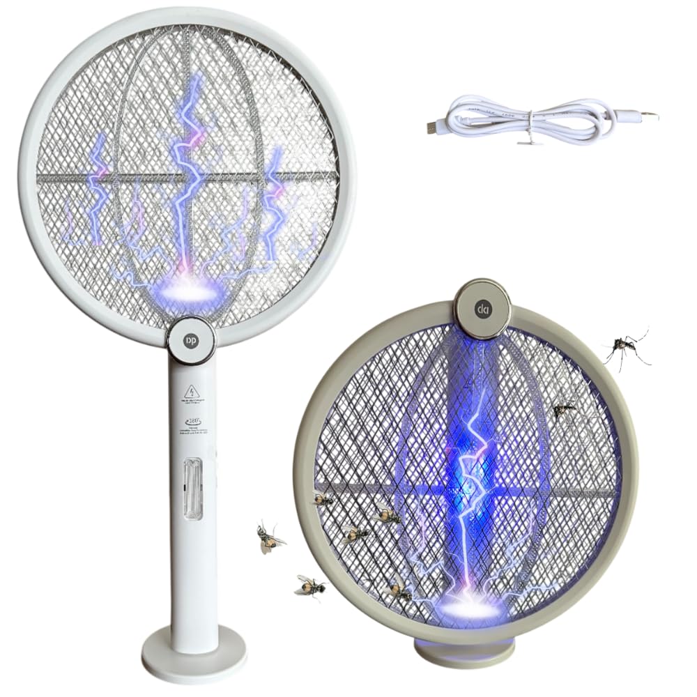 Raquete Elétrica Recarregável Cor Branca Mata Mosquistos Pernilongos Com Iluminação Luz UV Atrai Insetos Raquete Dobravél Com Suporte De Mesa E USB