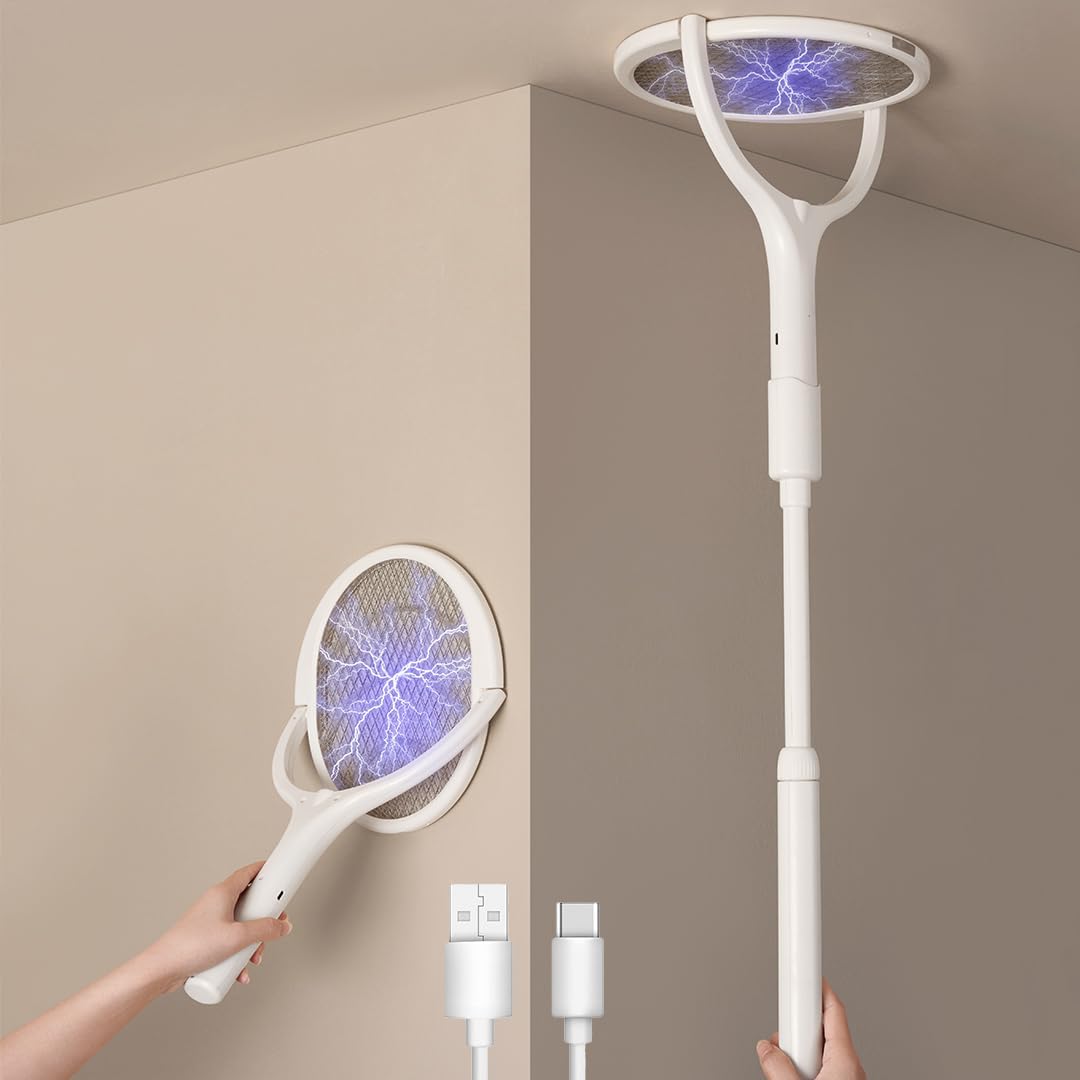 GeckoMan Raquete mosquiteira elétrica, telescópica e giratória, recarregável | Extensão telescópica, cabeça giratória, recarregável, porta de carregamento USB-C, mosquitos, mata, moscas