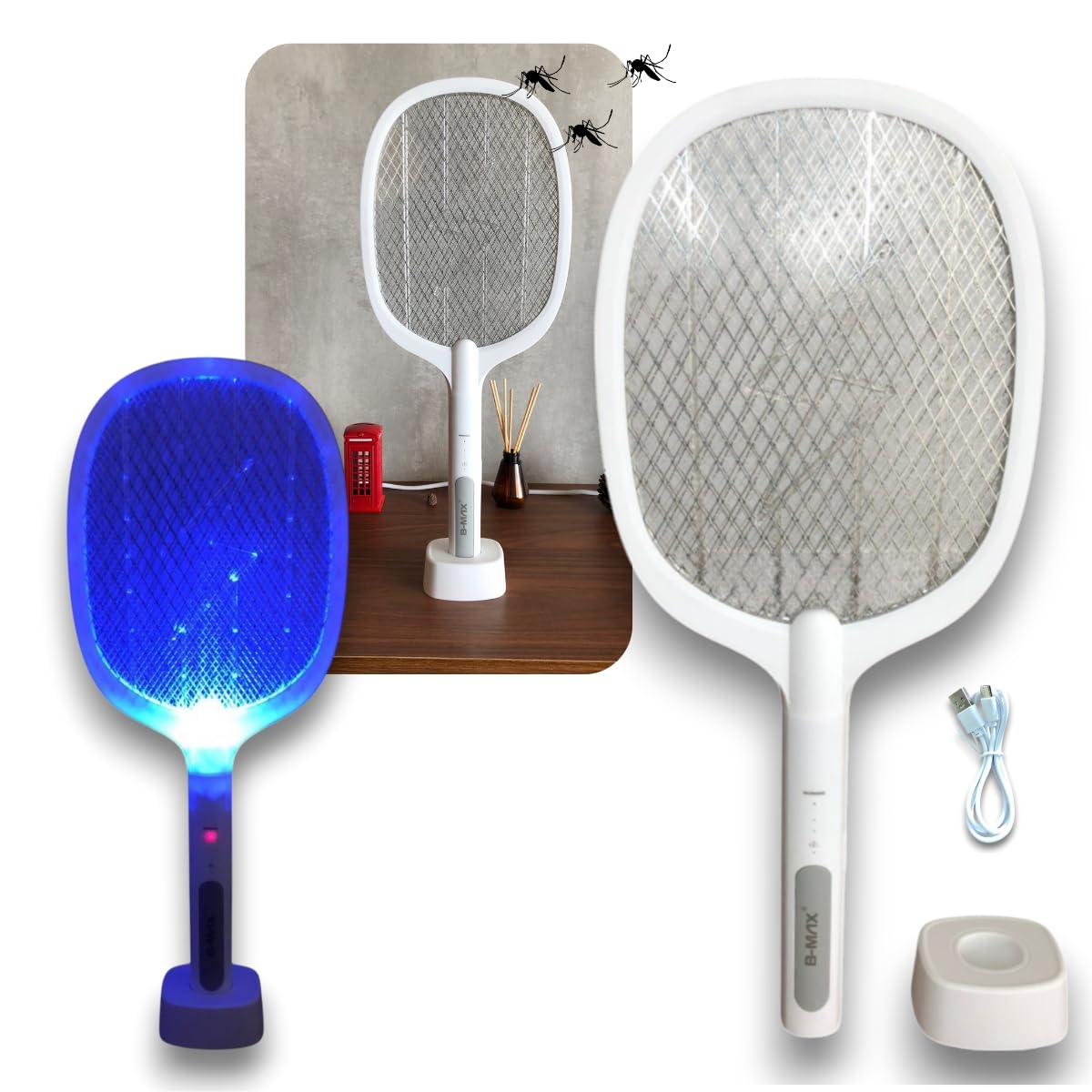 Raquete Elétrica Recarregável Mata Insetos Bivolt 110/220v Mata Pernilongos, Dengue Mosquito em geral com Armadilha De Led Ultra Violeta