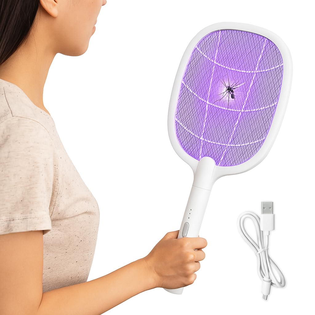 CertaMania - Raquete Elétrica Mata Insetos Recarregável com Base e Luz UV LED USB-C | Mata Mosquitos e Pernilongos 2 em 1 Portátil e Segura