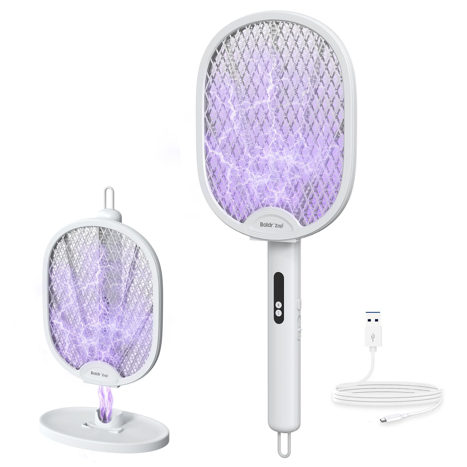 BALDR Raquete de mata-moscas elétrico, dobrável 2 em 1, exterminador de insetos 3000 V, potente assassino de mosquitos com lâmpada de armadilha atrativa roxa, 1200 mAh Tipo-C recarregável para uso