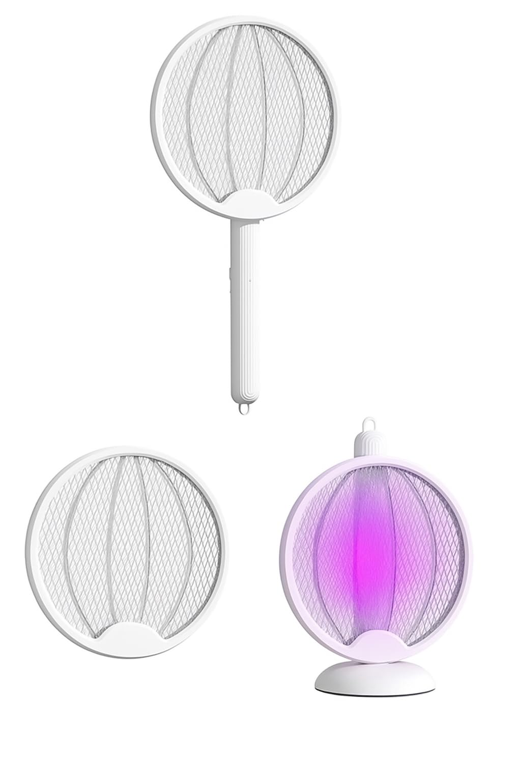 Raquete Elétrica Dobrável Mata Mosquito, USB Recarregável, Luz UV, Branco, 46x23cm, Grade de Proteção, Portátil, Bivolt