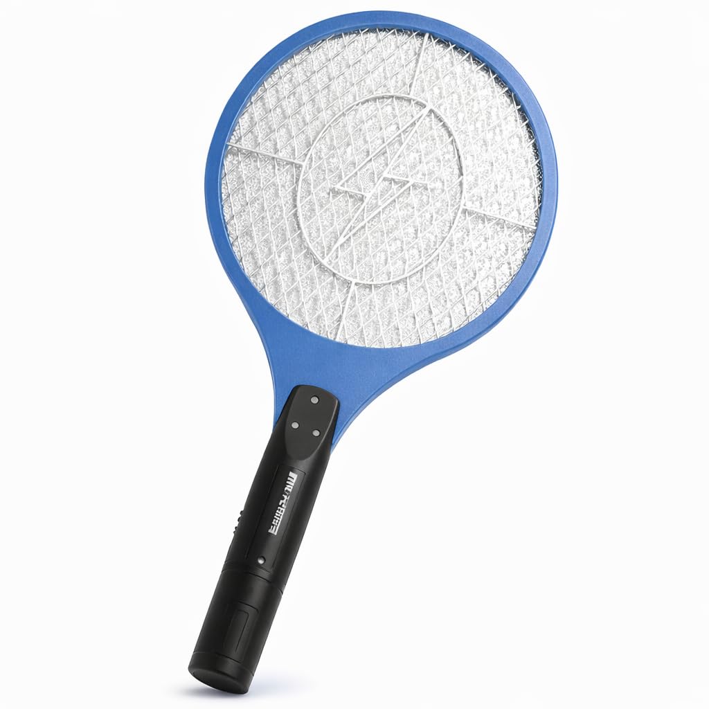 Raquete Elétrica Recarregável Mata Mosquitos com LED, Grade Tripla de Segurança, Bivolt 110/220V