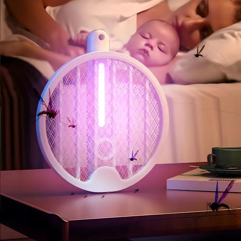 Raquete Elétrica Mata Mosquitos e insetos 2 em 1 com Armadilha UV, Recarregável USB, Dobrável, Com Base de Mesa, Luz LED Roxa, 3000V, Bivolt