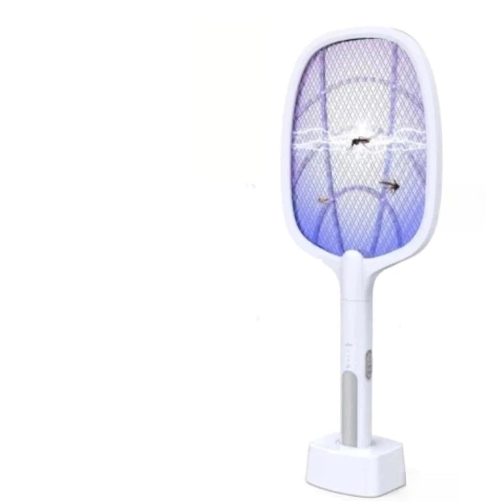 Raquete Elétrica Mata Mosquito Recarregável USB com Luz LED, 2 em 1, Branca, 52cm, com Base de Mesa