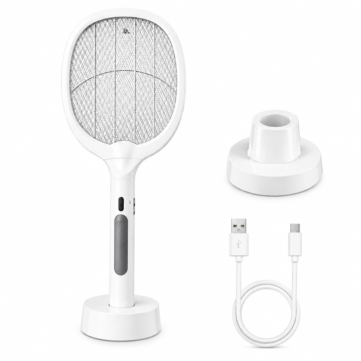 Raquete Elétrica Mata Mosquito 3000V com Luz UV, Função Abajur, Base de Apoio e Bateria Recarregável USB-C, Segura e Sem Produtos Químicos