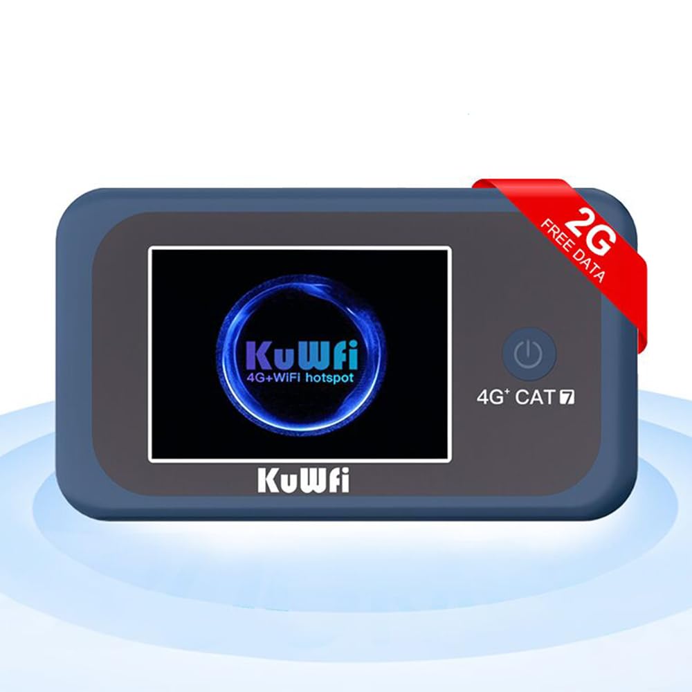 KuWFi Ponto de acesso Wi-Fi portátil para ambientes externos, roteador WiFi 4G LTE Cat7 com cartão SIM de dados de 2 GB (roaming obrigatório), bateria de 3000 mAh, banda dupla de 1200 Mbps, suporta 10