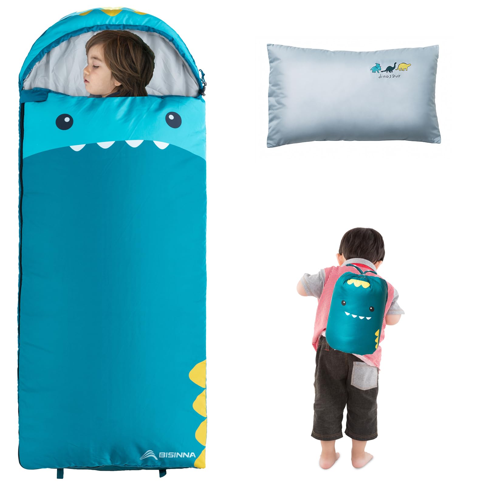 BISINNA Saco de dormir infantil com travesseiro, envelope de 3 estações, saco de dormir para caminhadas, mochila para meninos e meninas