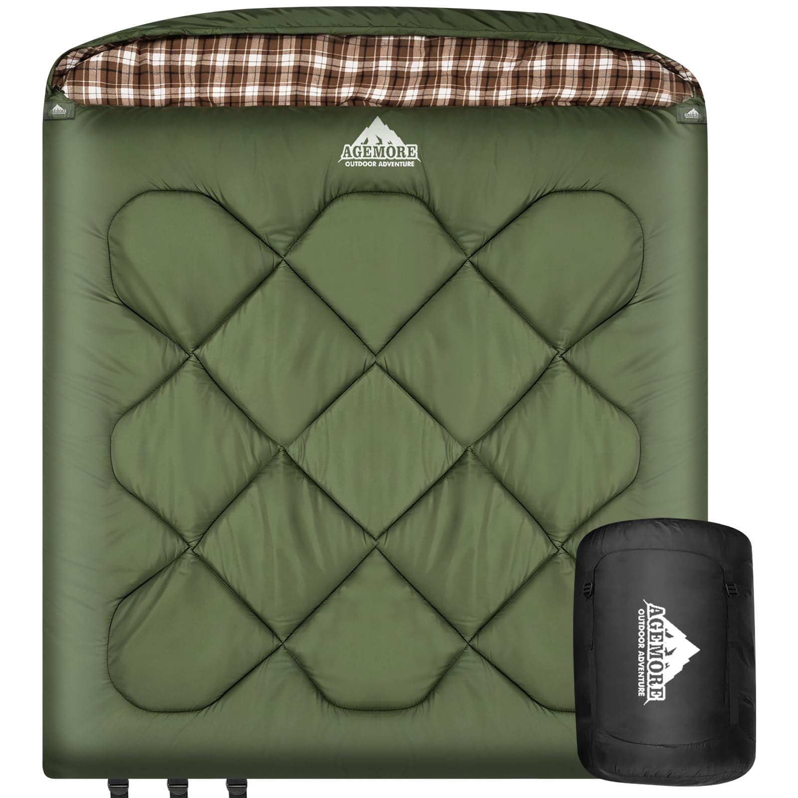Saco de dormir duplo de 0 graus para adultos, forro de flanela de algodão para 2 pessoas, tamanho queen, saco de dormir quente para a família, acampamento de inverno ou viagem em trailer