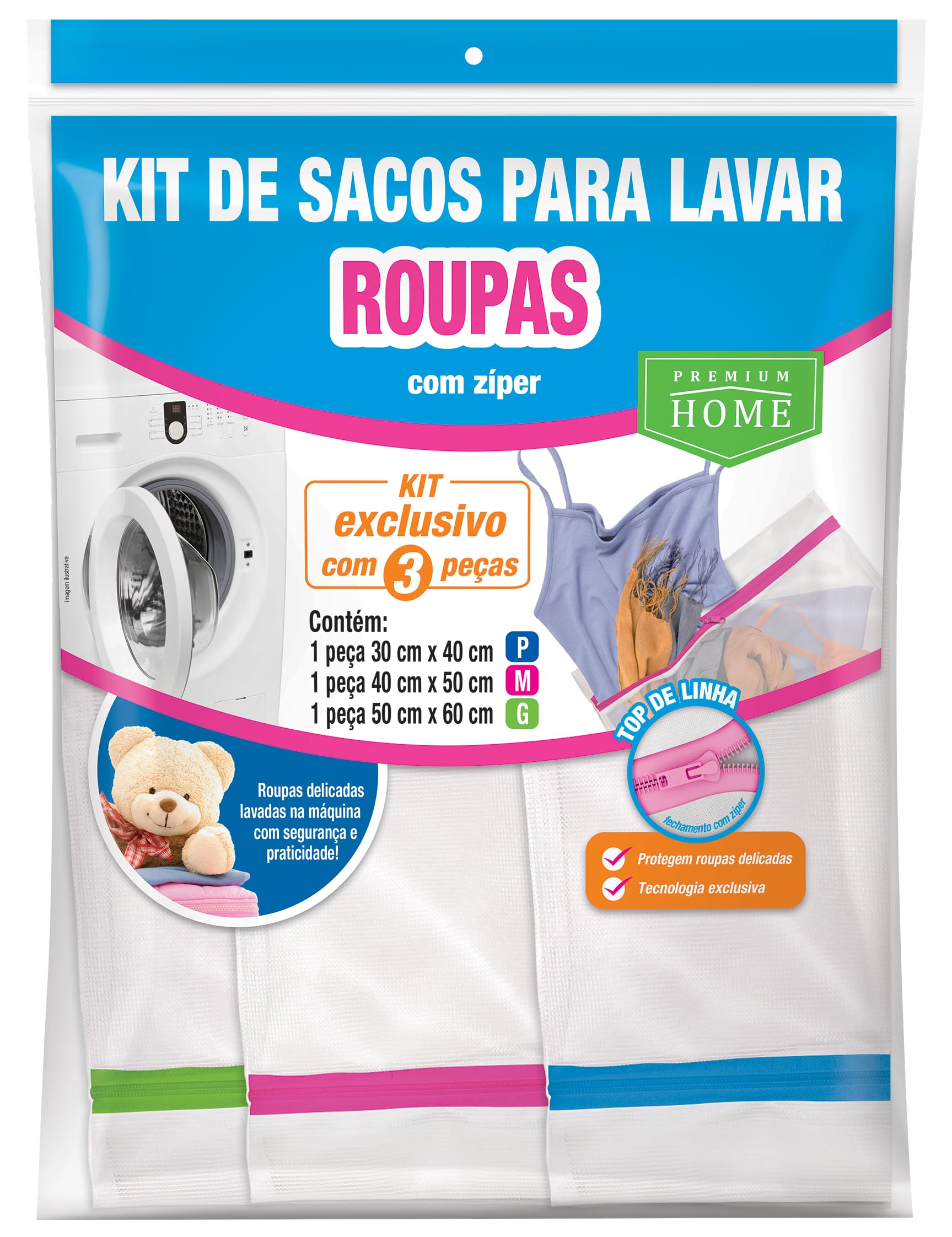 Kit 3 peças Saco para Lavar Roupa com zíper - Tam. P, M, G | Premium Home (Ref.: 429)