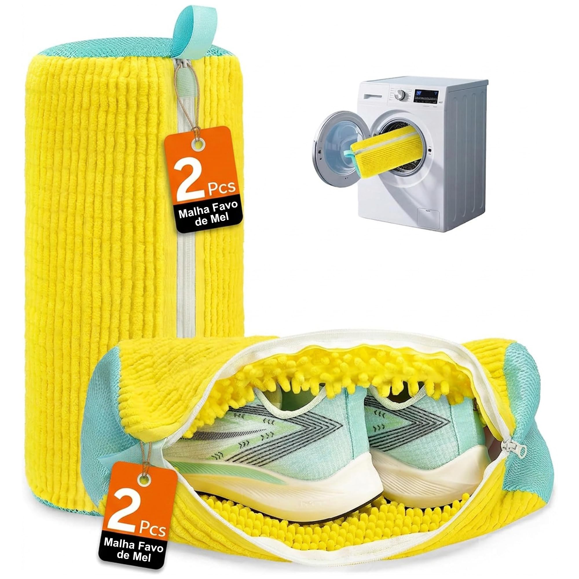 Kit 2 Saco para Lavar Tênis para Calçados (Amarelo) | Saco Reutilizável para Máquina de Lavar, Kit 2 Unidades, Limpeza 360°, Todos os Modelos de Calçados