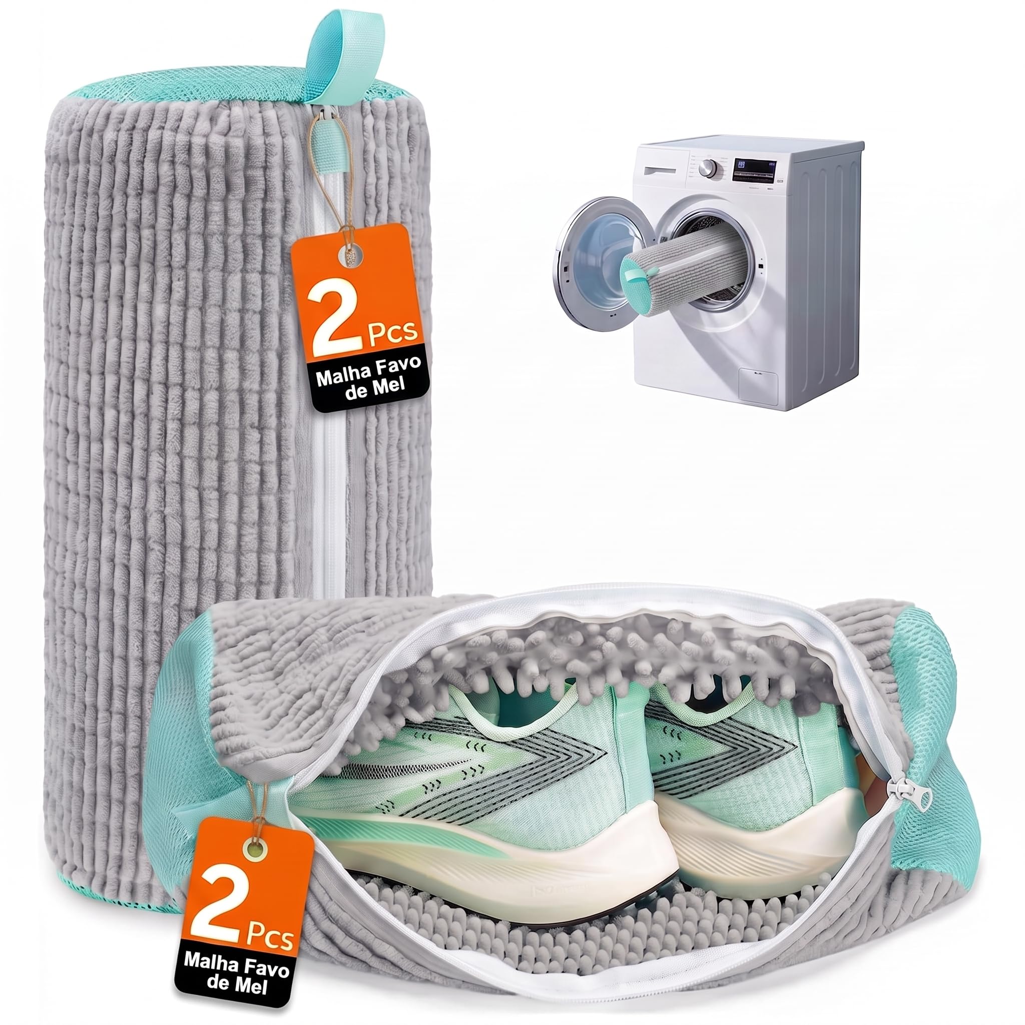Kit 2 Saco para Lavar Tênis para Calçados (Cinza) | Saco Reutilizável para Máquina de Lavar, Kit 2 Unidades, Limpeza 360°, Todos os Modelos de Calçados