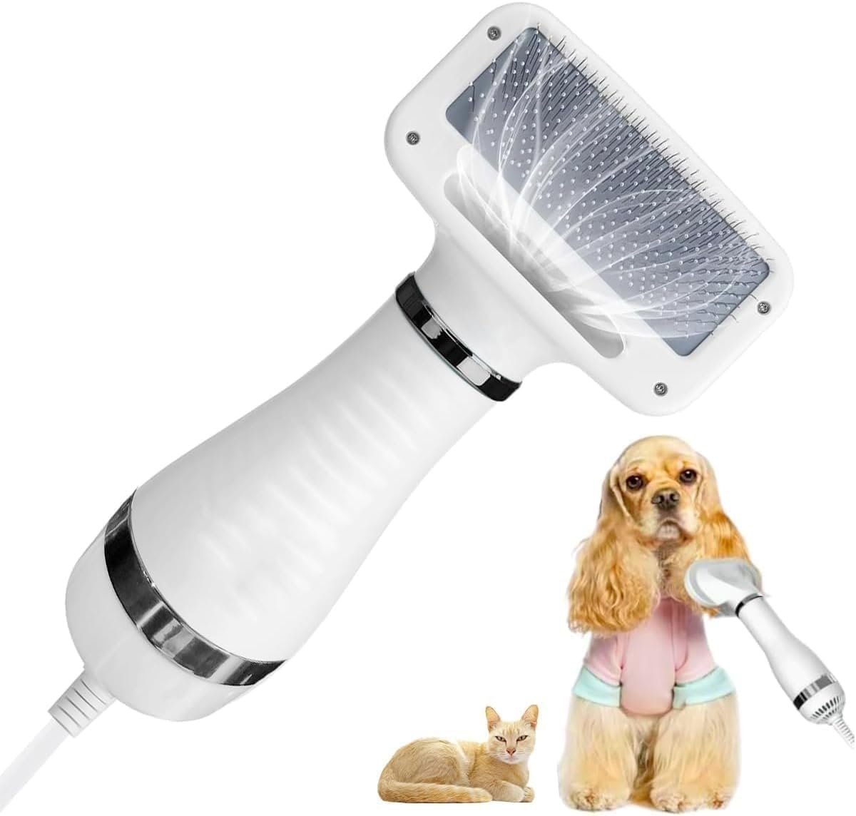 Secador de Pelo para Pets 2 em 1, Escova Portátil com Pente, Soprador de Baixo Ruído com Rotação 360°, Massageador para Cães e Gatos, Branco e Verde