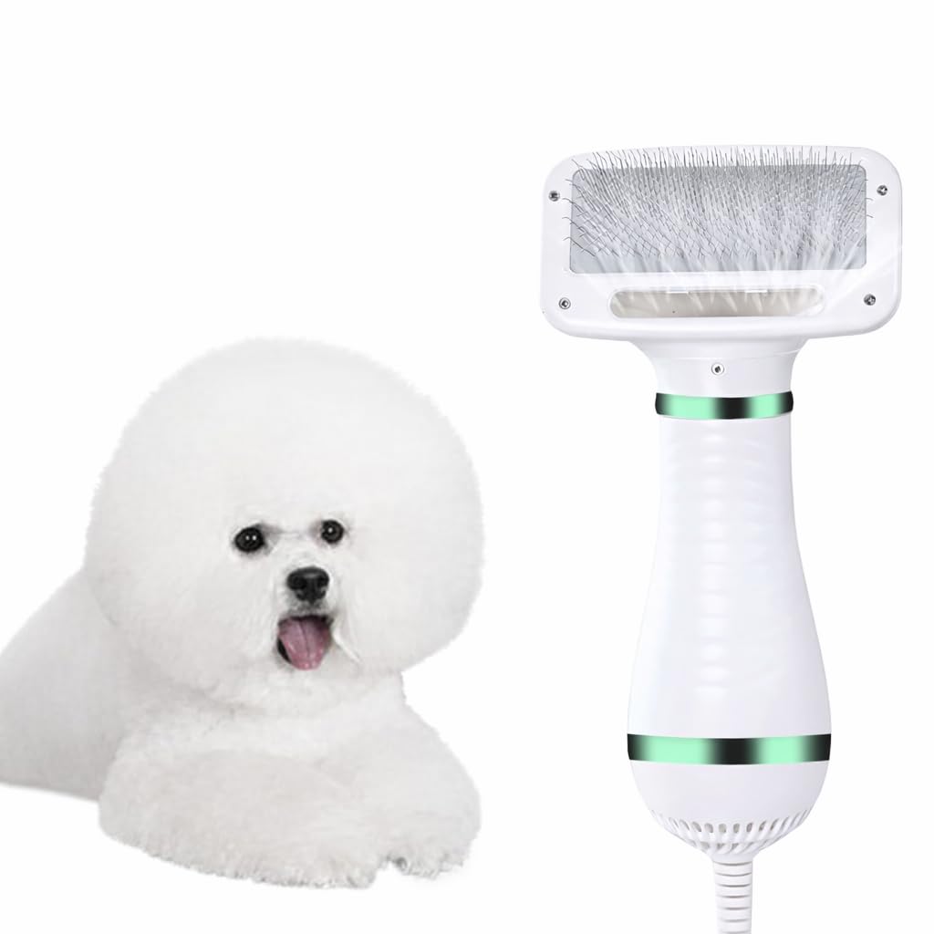 Escova Secadora para Pets, Branca com Verde, 2 em 1, Pinos de Aço Inoxidável, para Cães e Gatos