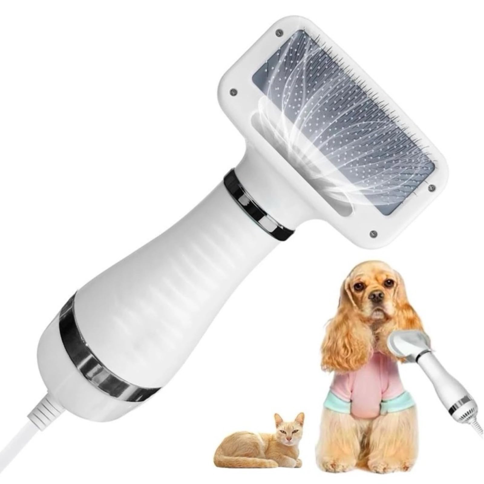 Secador Pet Escova 2 em 1 para Cachorros e Gatos Portátil 110V 300W com 2 Velocidades Secagem Pós Banho Desembaraça Remove Pelos Branco (VERDE .)